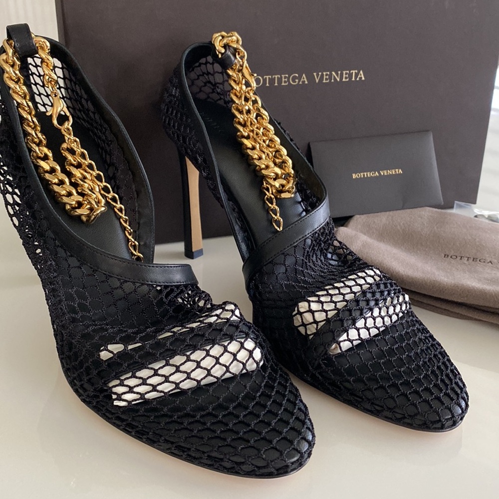 Bottega Veneta Sand Tex Pumps Mesh Gold-Tone Chain Ankle Strap New - Picture 4 of 13
